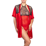 picture of a black lace bodysuit with a red satin kimono with lace