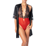 picture of a black satin kimono with lace and its matching bodysuit