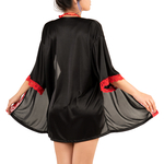 picture of a sexy black satin kimono trimmed with red lace