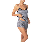 picture of a gray satin cami set with black lace neckline