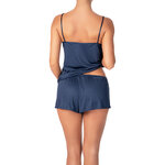picture of a midnight blue cami set with black lace neckline