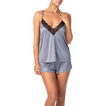 picture of a gray cami set with black lace neckline