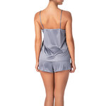 picture of a gray night set with black lace neckline