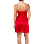 picture of a red satin nightdress with black lace neckline