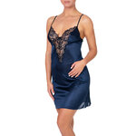 picture of a midnight blue satin nightdress with gold and black lace neckline
