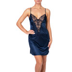 picture of a midnight blue satin nightie with gold and black lace neckline