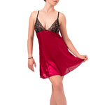 picture of a burgundy satin babydoll with black lace at the bust
