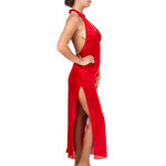 picture of a long red satin nightdress with a slit