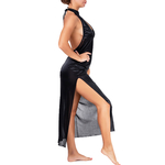 picture of a long black satin nightdress with a slit