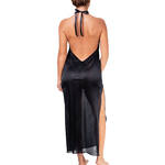 picture of a long black satin nightgown with an open back