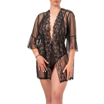picture of a sheer black mesh negligee with gold and black lace