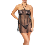picture of a black sheer tulle babydoll with black lace adorning the bust