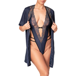 picture of a navy blue bodysuit and matching kimonowith blue and silver lace