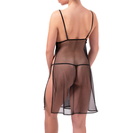 back picture of a sheer black tulle nightie with lace neckline and open sides