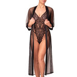 picture of a black lace bodysuit with tulle kimono