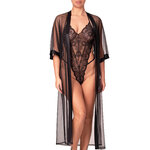picture of a black lace bodysuit with black tulle kimono