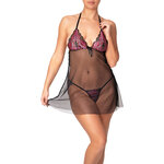 Back picture of a black transparent tulle nightie with multicolored lace neckline