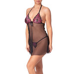 Back picture of a black transparent tulle nightdress with multicolored lace neckline
