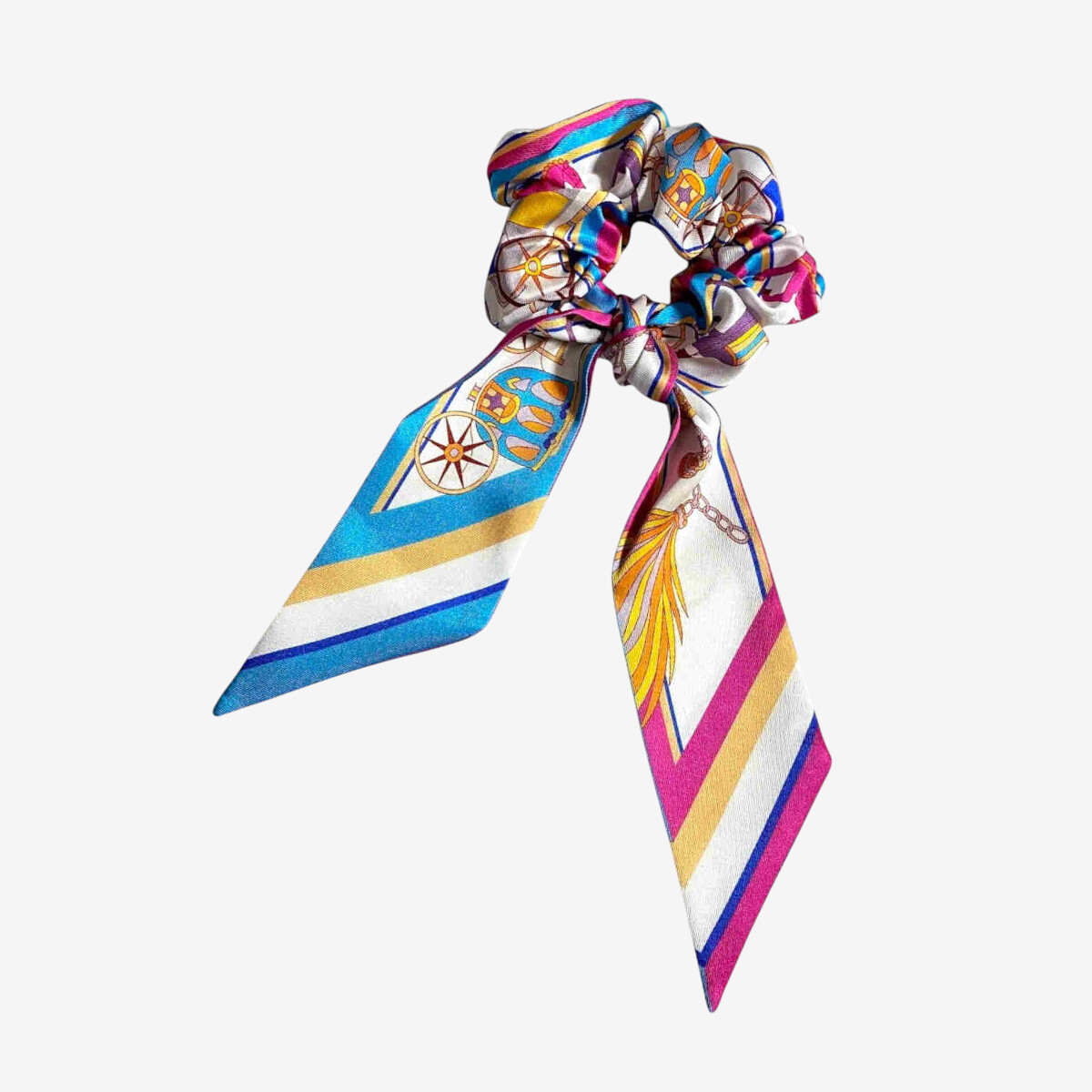 Chouchou foulard bleu et fuchsia motif équestre