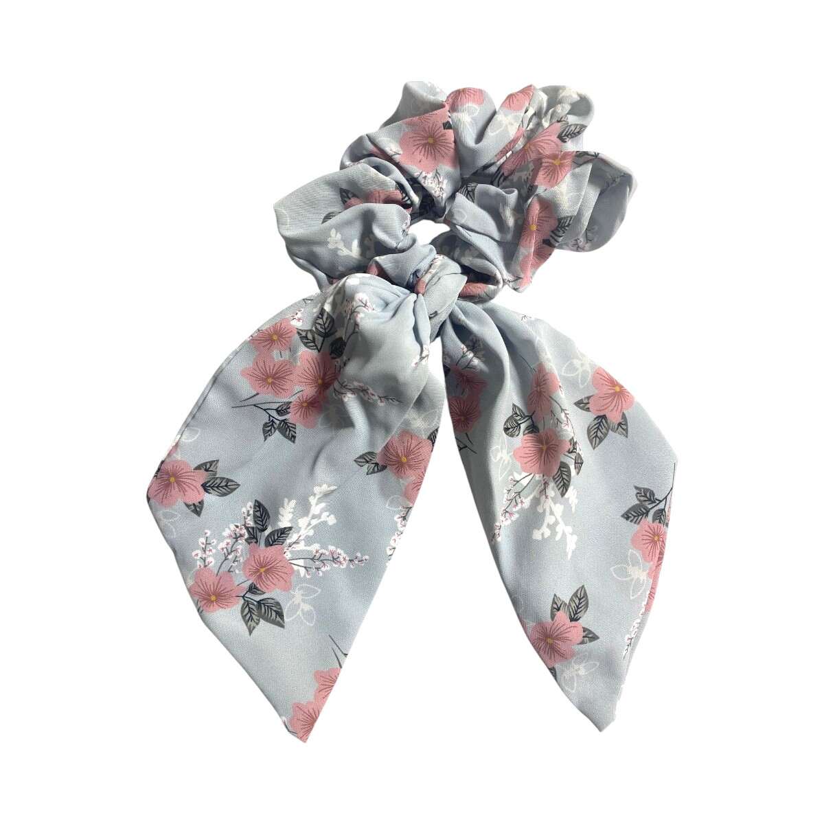 Chouchou cheveux foulard bleu gris à fleurs roses