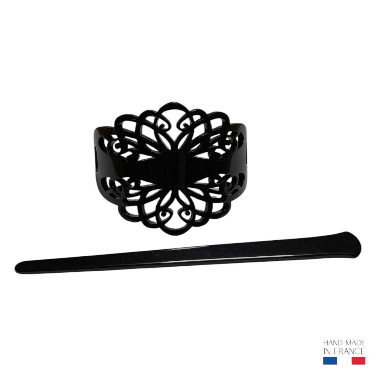 barrette pic à cheveux bianca motif floral baroque noir 4-Photoroom