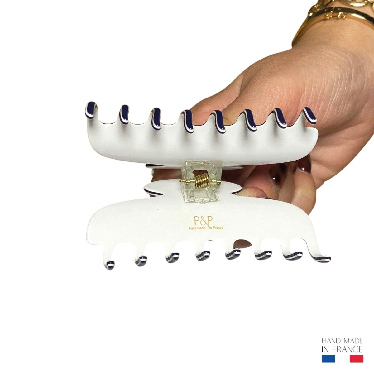 grande pince à cheveux bleu marine et blanc 8 cm 4
