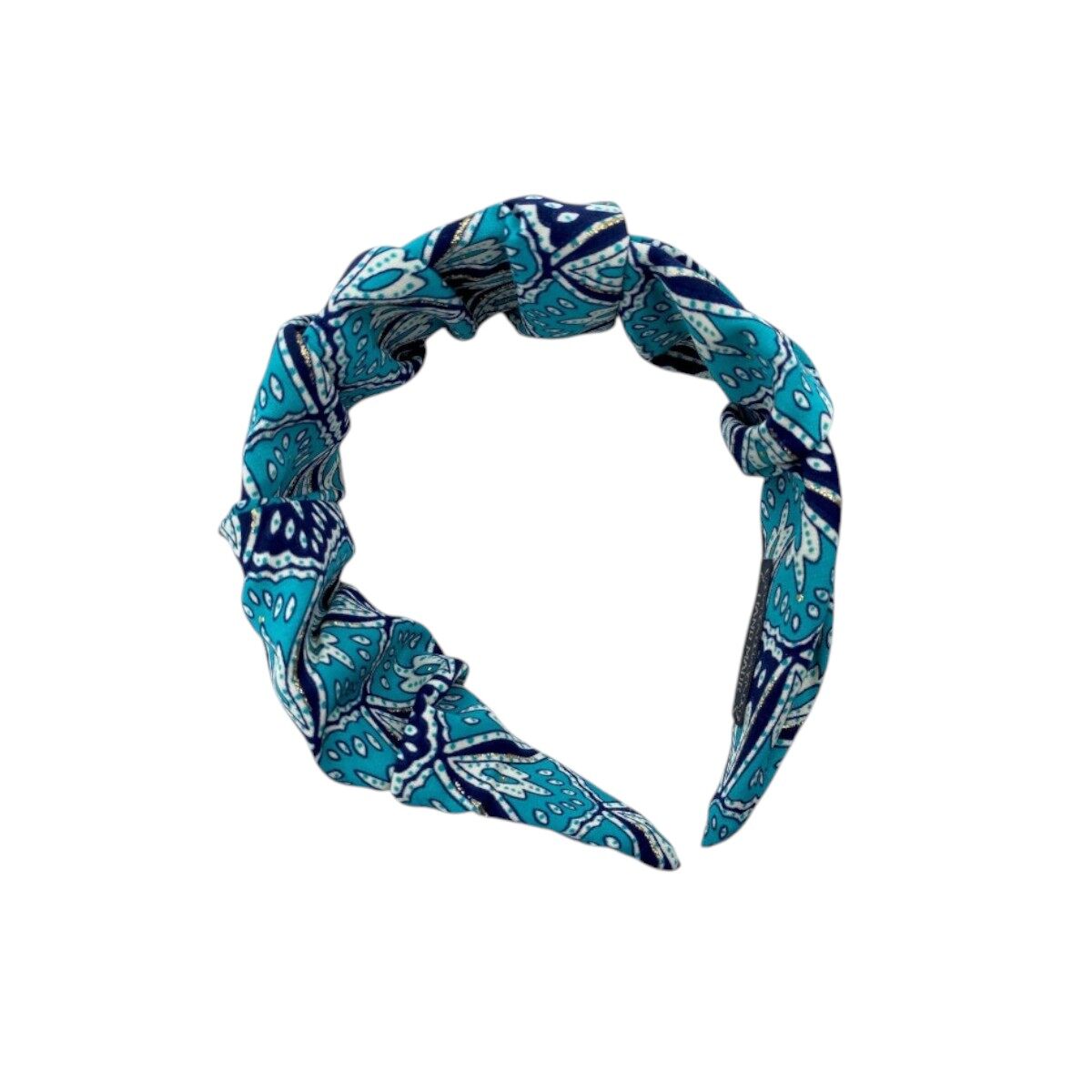 serre tête tissu vert motif bleu marine 2