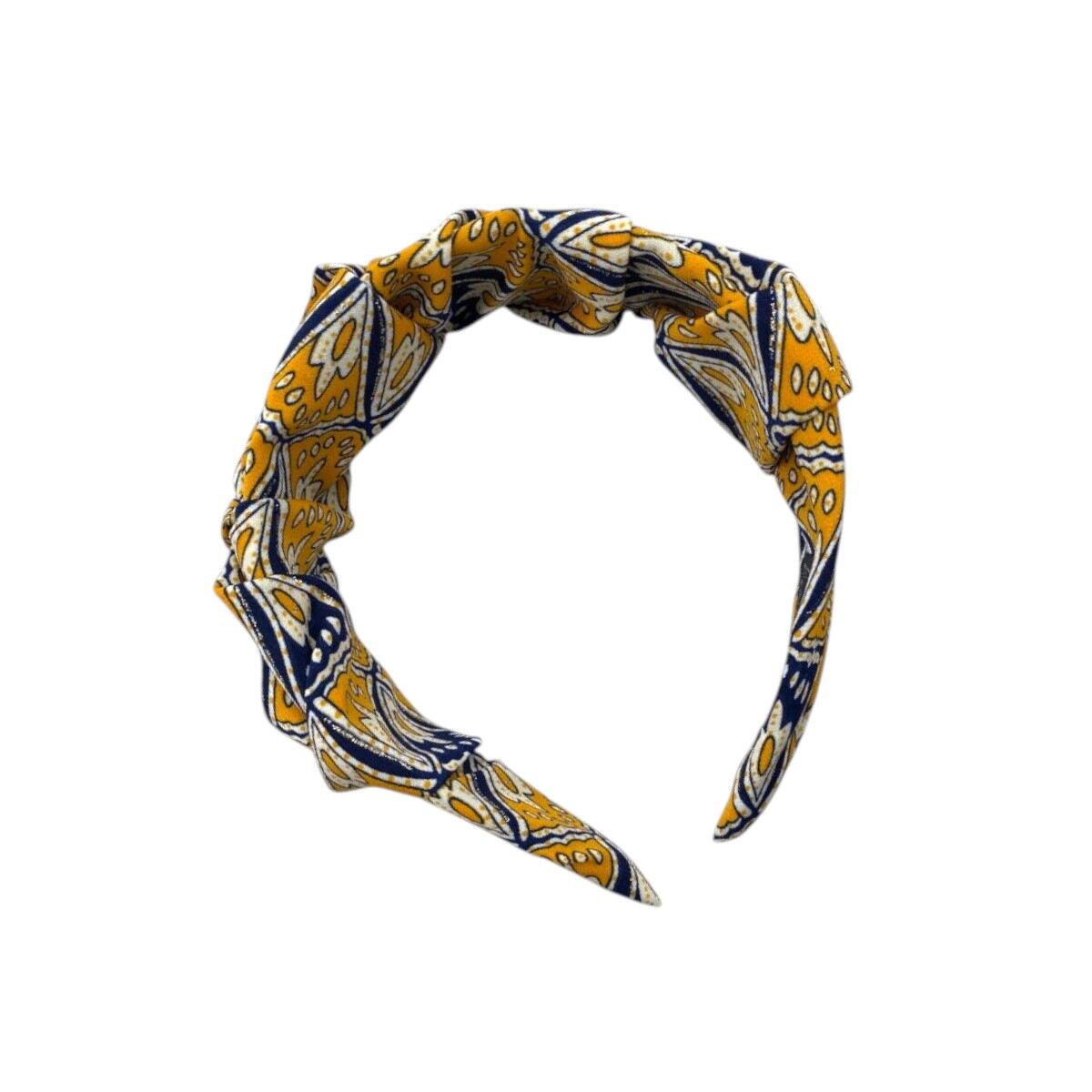serre tête tissu moutarde motif bleu marine 2