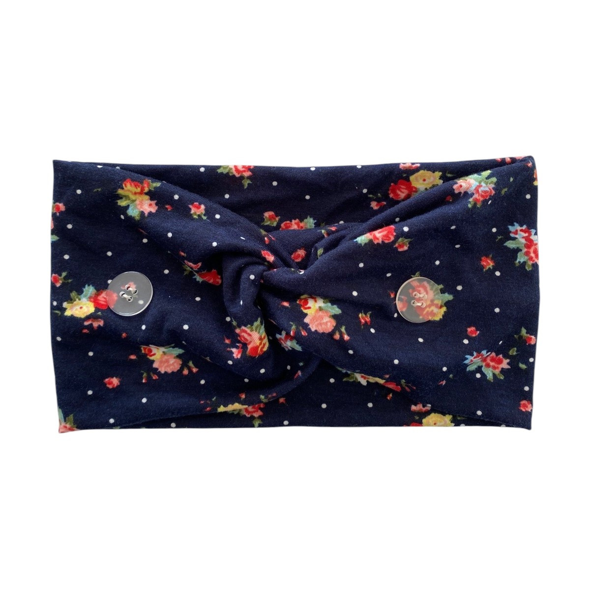 Bandeau cheveux large bleu marine à motifs fleuris et pois