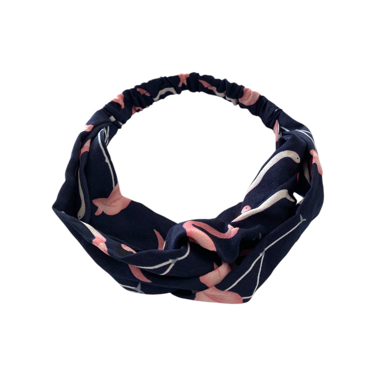 Bandeau cheveux croisé bleu marine à motifs flamants roses
