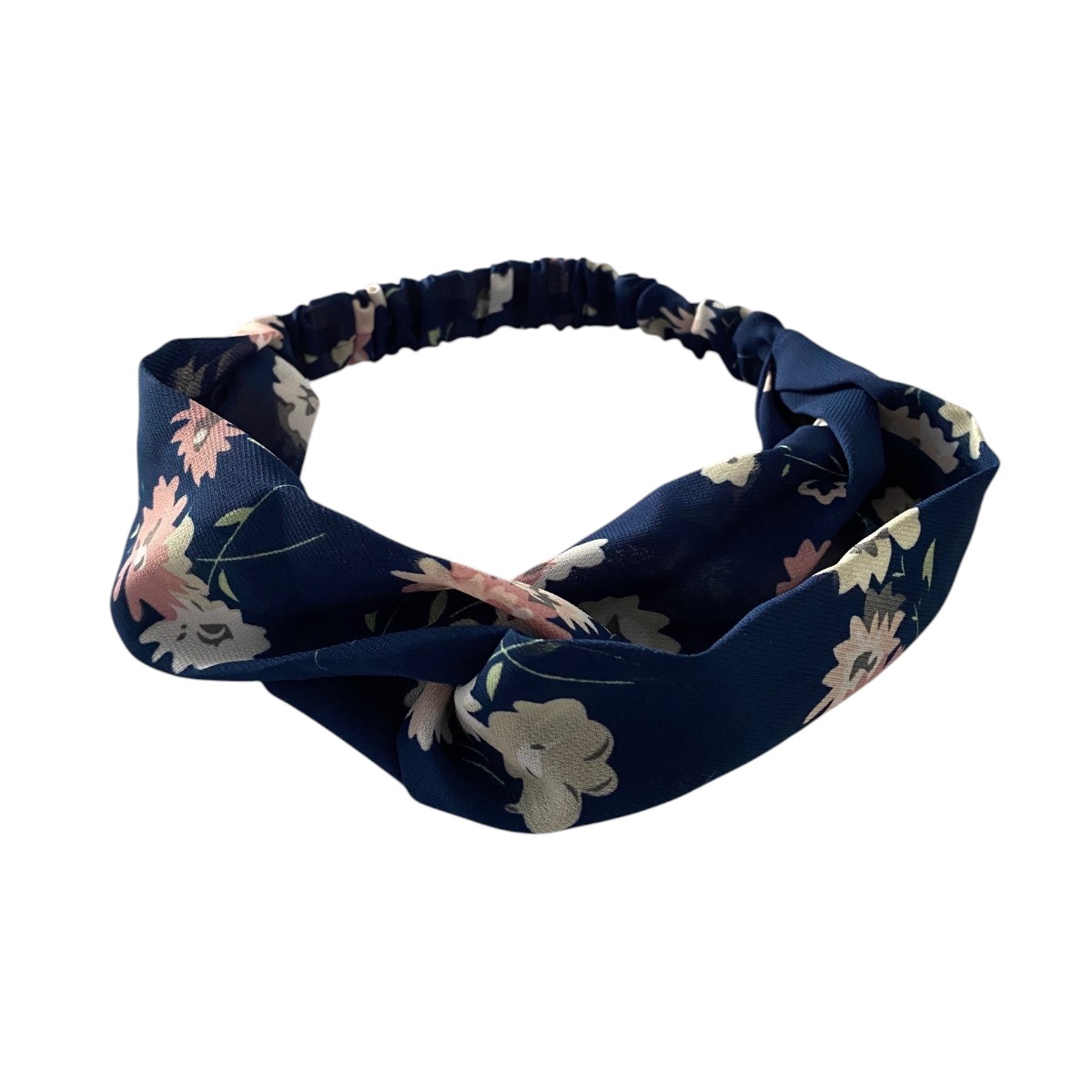 Bandeau cheveux croisé bleu marine à fleurs pastel