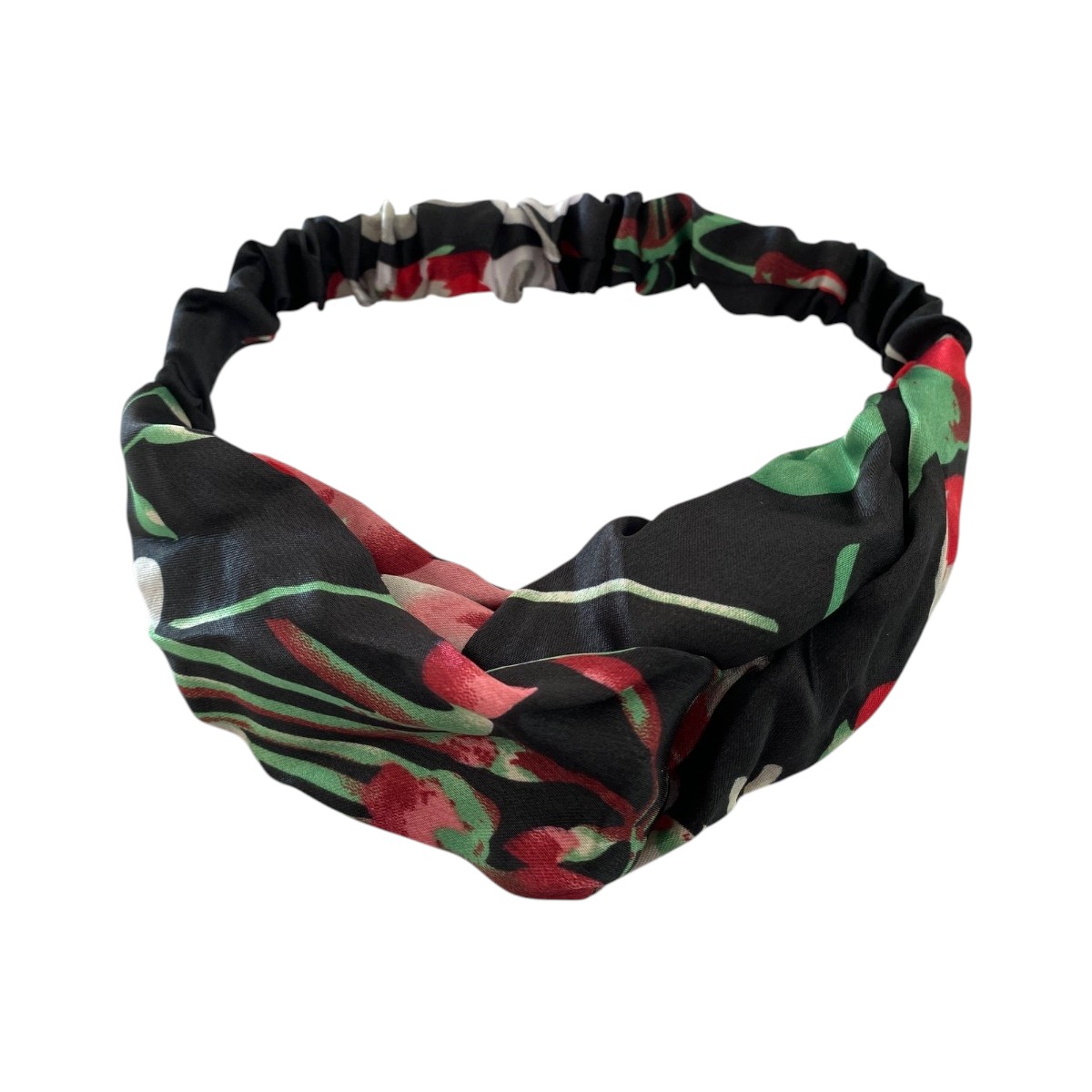 Bandeau cheveux croisé noir à motifs floraux rouges et verts