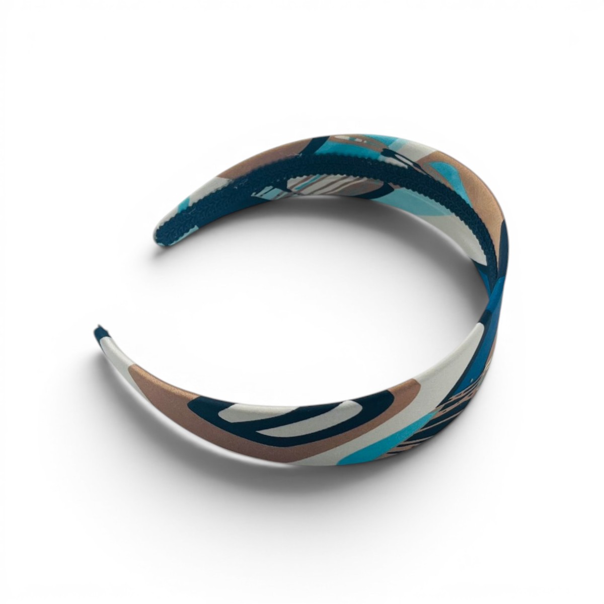 serre tete tissu GRAPHIQUE BLEU ET CARAMEL3