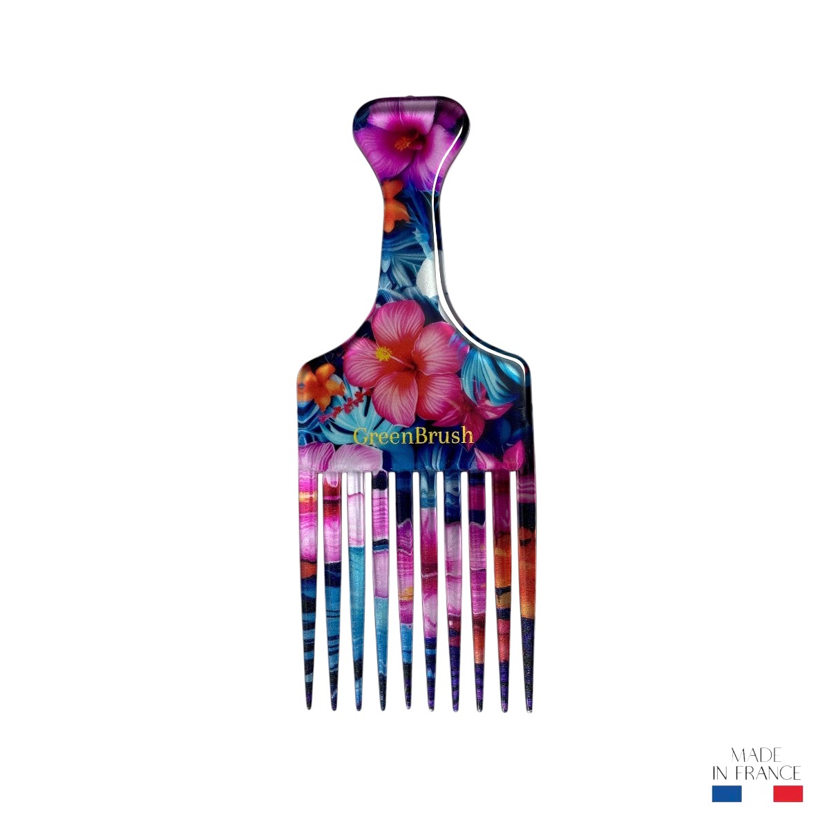 Peigne afro motif fleurs de tiaré en acétate