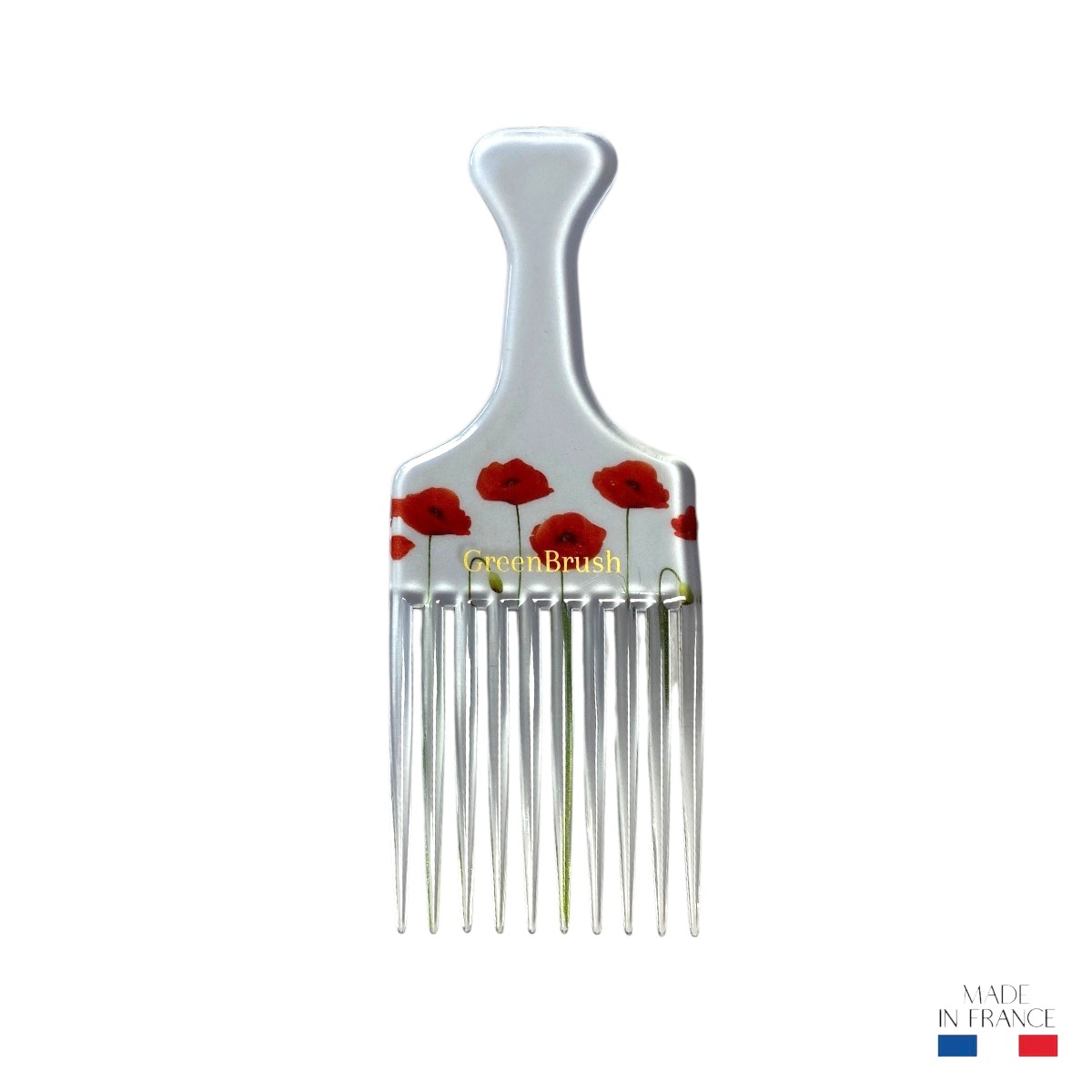 Peigne afro transparent motif coquelicots en acétate