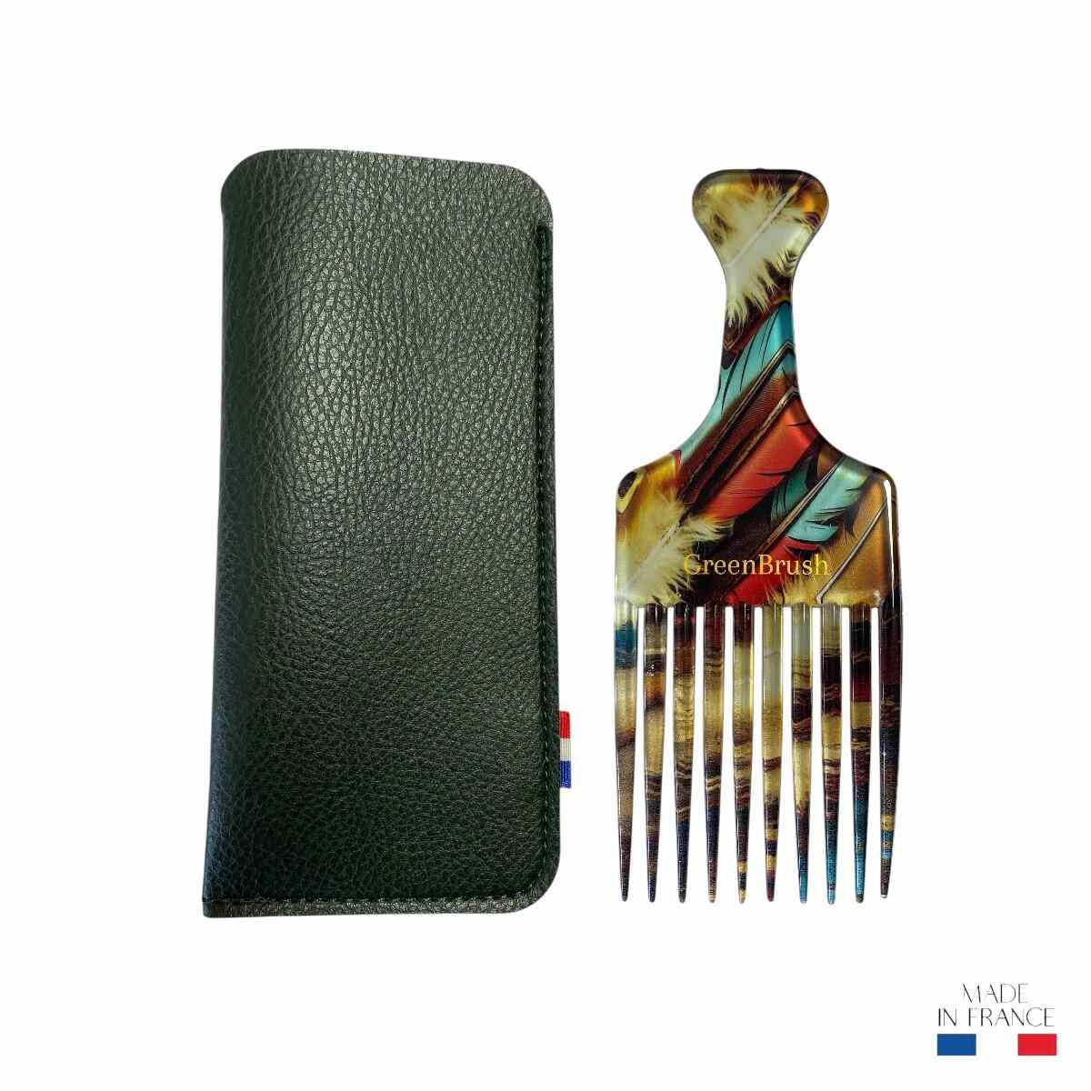 peigne-afro-motif-plumes-acetate-fabrication-francaise-etui