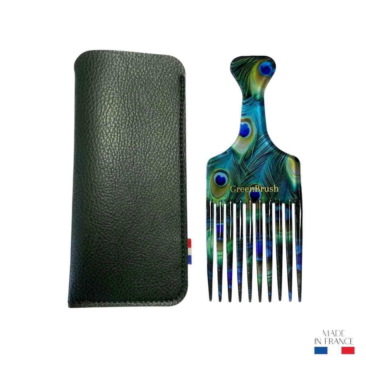 peigne-afro-motif-paon-acetate-fabrication-francaise-etui