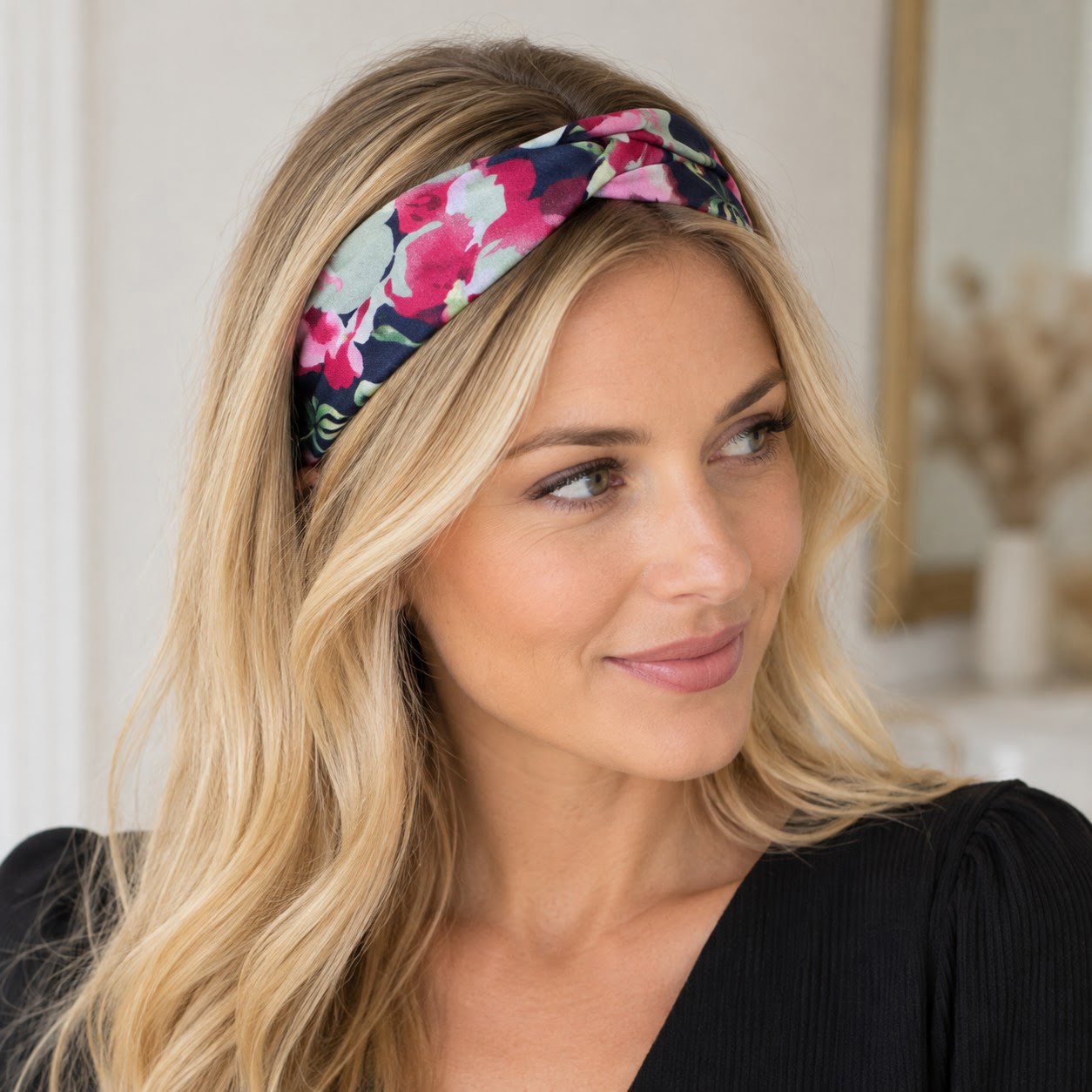 bandeau-cheveux-croise-bleu-marine-fleuri-multicolore-porte