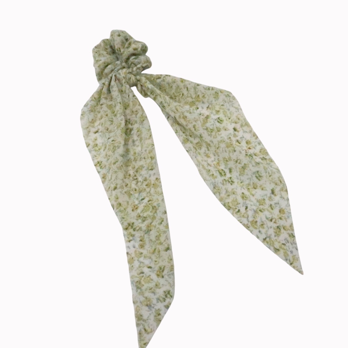 Chouchou cheveux foulard blanc fleurs vert anis