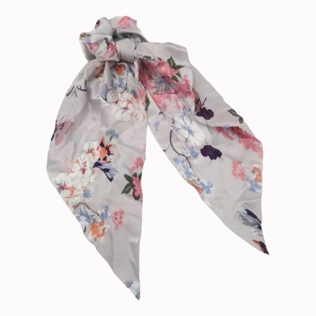 Chouchou cheveux foulard gris fleurs rose