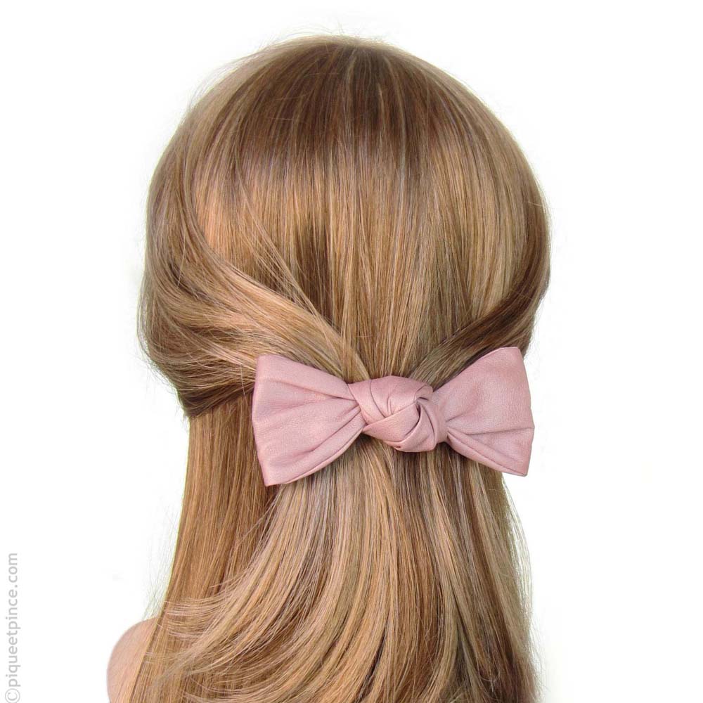 barrette à cheveux  rose - noeud  façon cuir