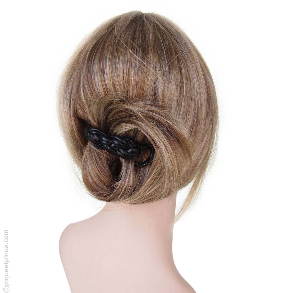 Barrette à cheveux croisée noire façon cuir tressé