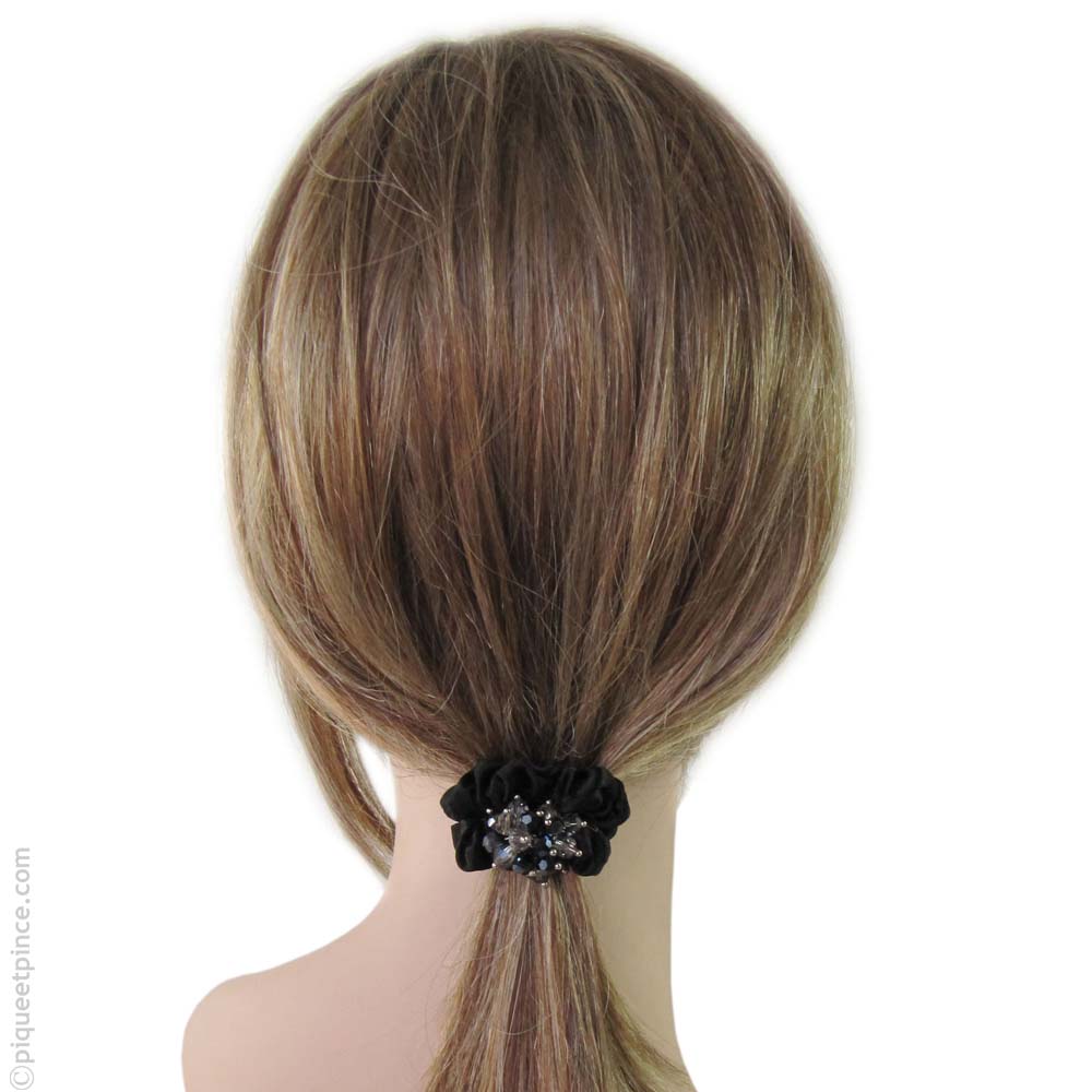 élastique cheveux noir  satin et cristal