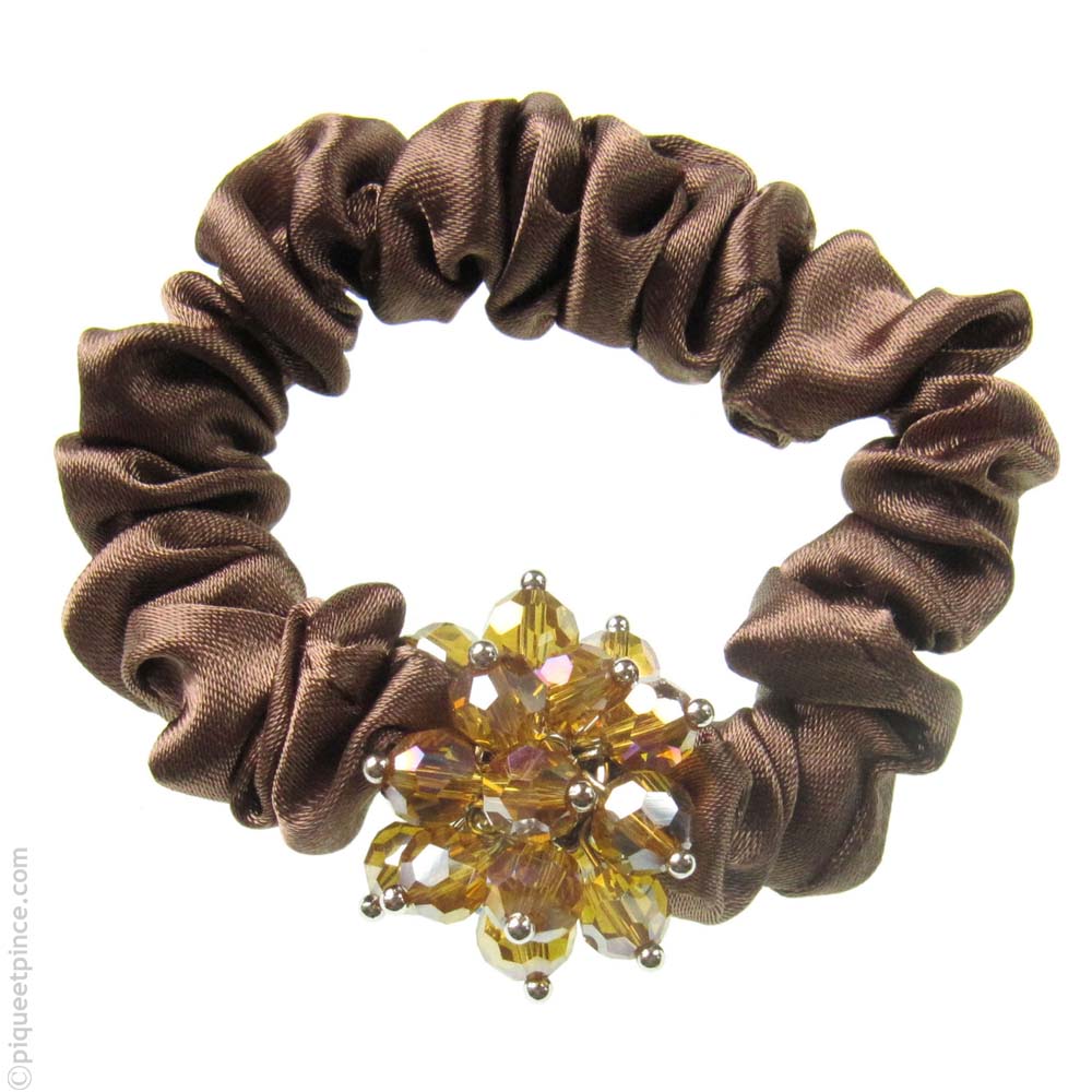 catogan satin chocolat et perles en cristal