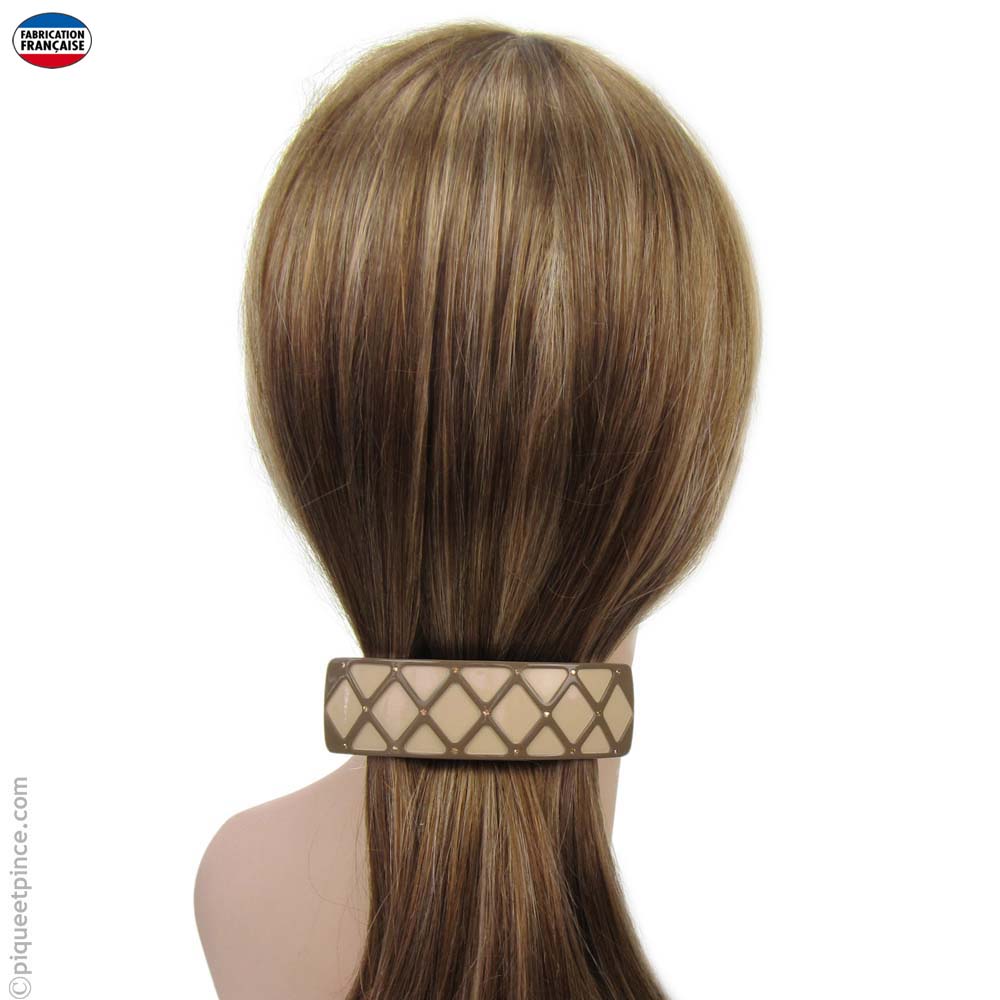 barrette cheveux taupe, beige et strass