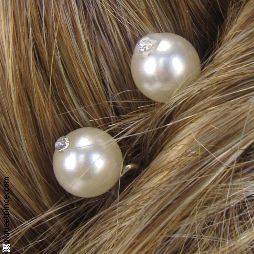 Épingle cheveux perle blanche et strass