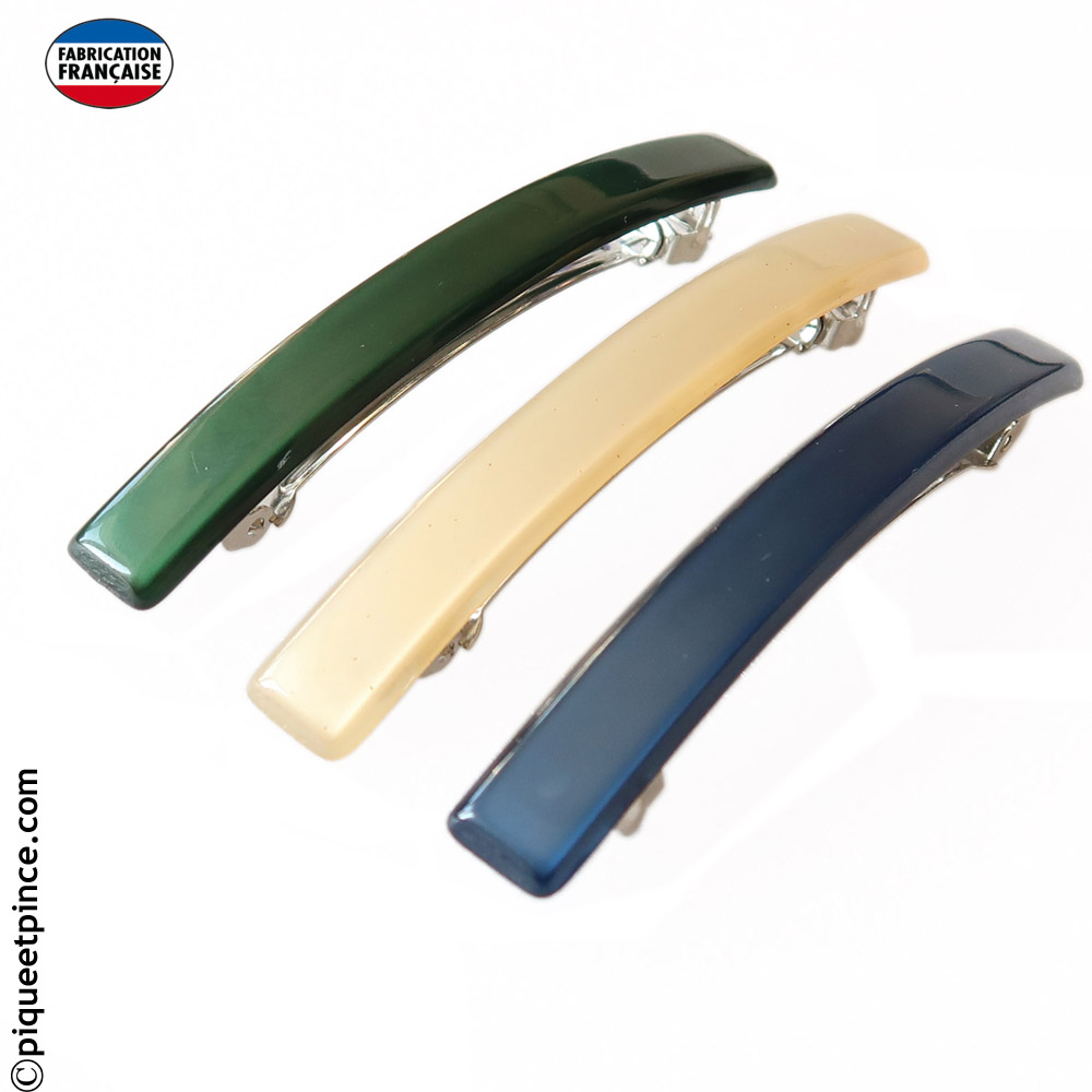 Barrettes fines couleurs vert, vanille, bleu marine fabrication Française