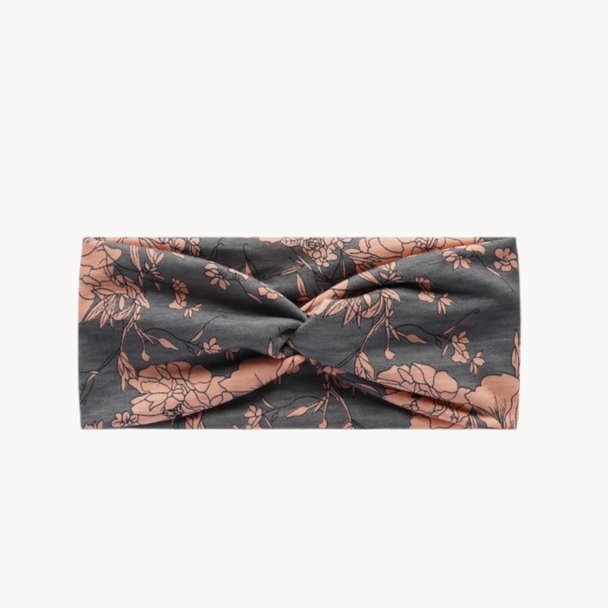 Bandeau pour cheveux - Motif floral rose sur fond gris