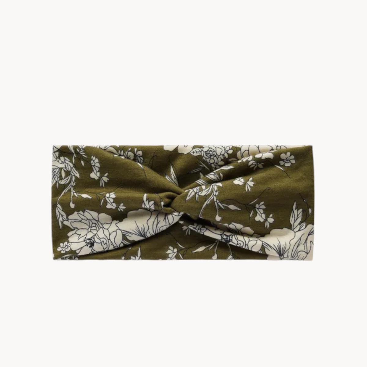 Bandeau pour cheveux - Motif floral blanc sur fond kaki