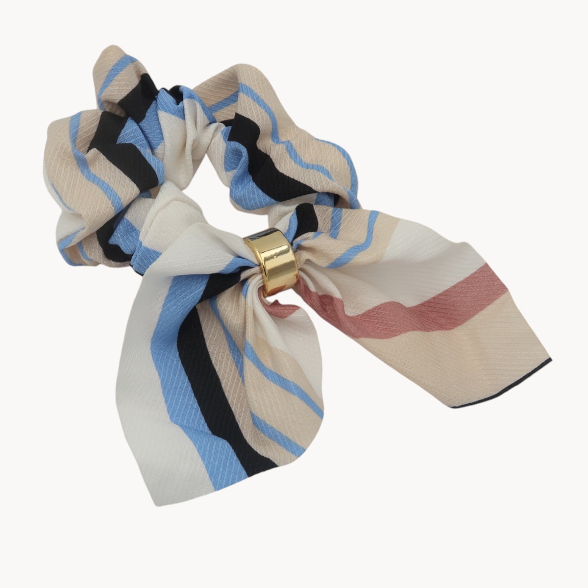 Chouchou foulard Bleu & Beige avec anneau doré